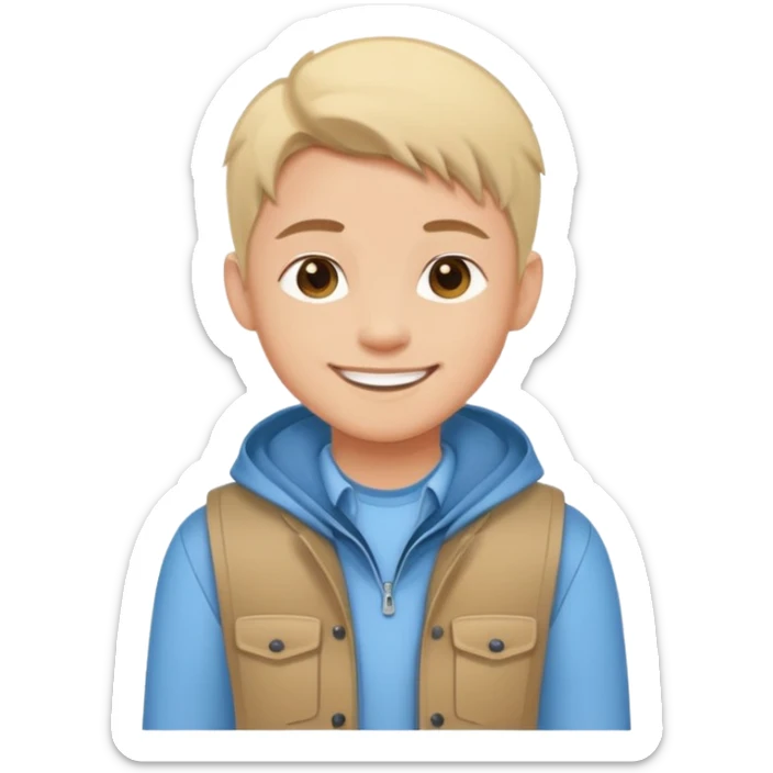 Cartoon avatar sticker of a young person, friendly smile, modern outfit, clean vector illustration, thick outline, flat colors, simple background, sticker style, high quality, transparent background sticker