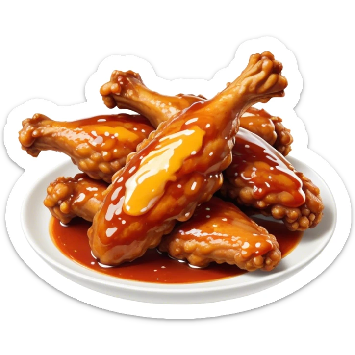 Cinematic crispy chicken wings, golden-brown and glazed with spicy sauce, crunchy coating, juicy inside, piled high with dipping sauce on the side, ultra-realistic and mouthwatering, inviting and bold. sticker