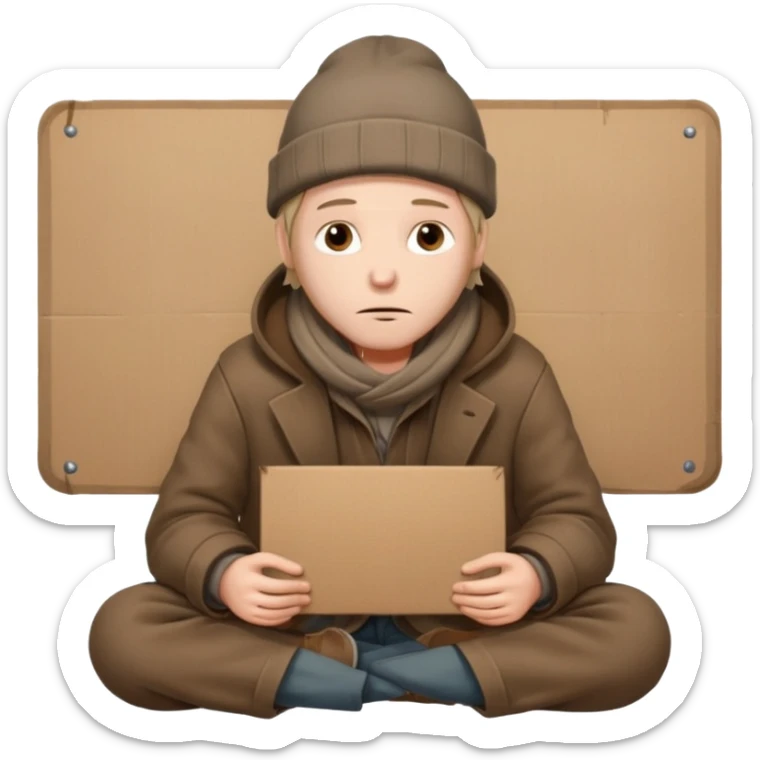 A tired homeless man wearing a worn brown coat and beanie, sitting quietly with a cardboard sign in his hands.
 sticker