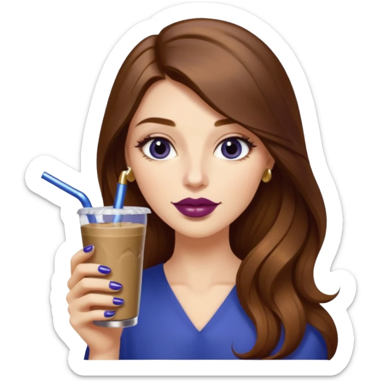 girl with long brown hair, wine lipstick, gold nail polish, drinking a blueberry butter pecan iced coffee with a metallic straw  sticker