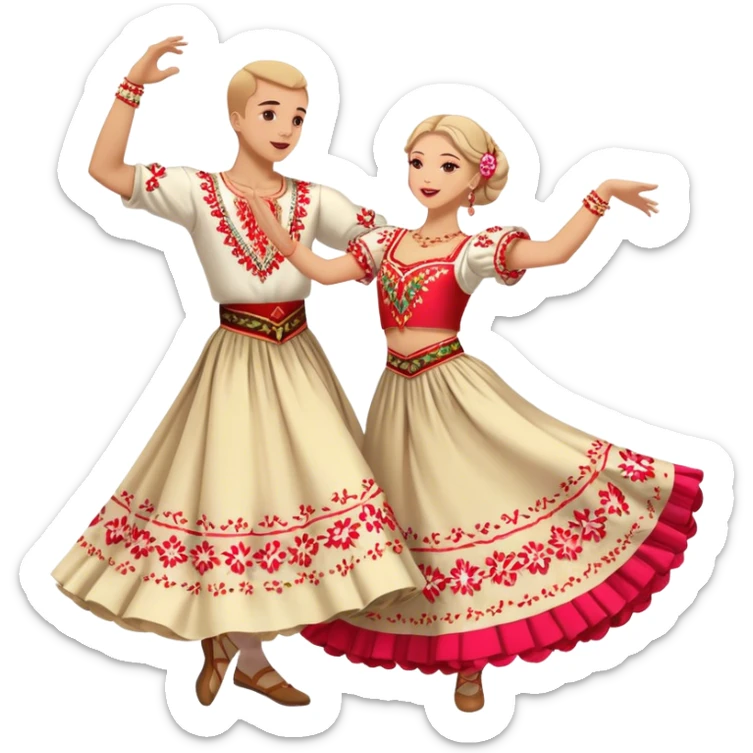 Cinematic Realistic scene of two dancers performing the Mazurka, dressed in vibrant traditional Polish costumes with intricate embroidery and flowing skirts, captured in graceful motion with warm, festive lighting sticker