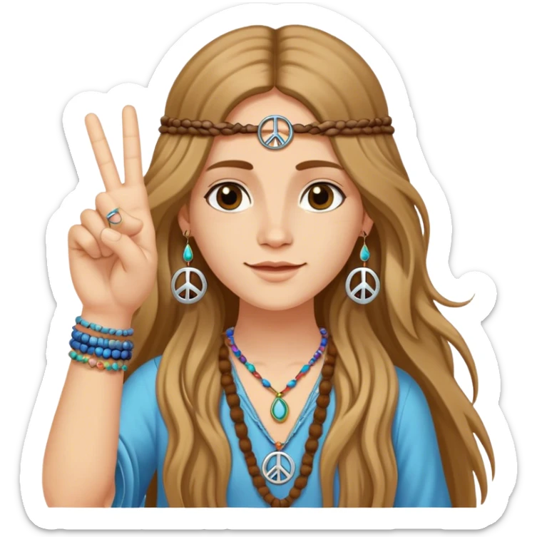 Hippie with 2 fingers up giving the peace sign. Also with peace sign earrings and long hair sticker