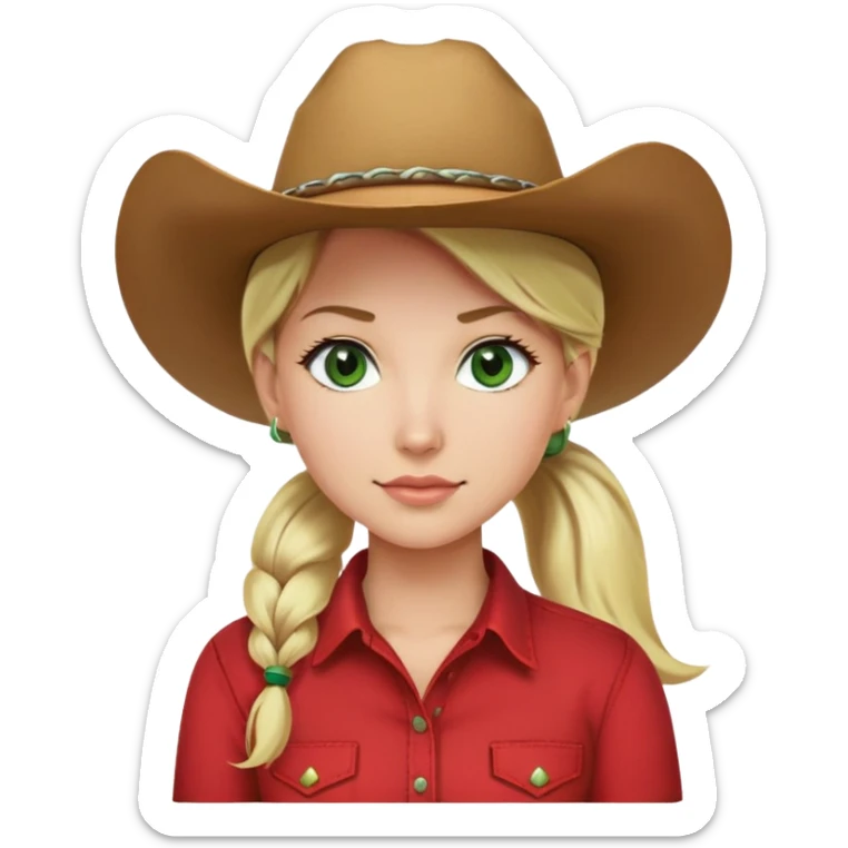 woman red shirt cowboy hat green eyes blonde hair with a ponytail resting on the right shoulder sticker