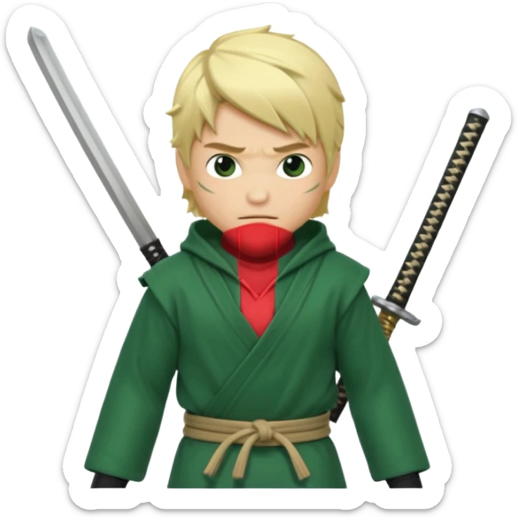 Green ninja Lloyd garmadon blonde hair, kaptur hoody on his head but blonde grzywka visible; the bottom left one is best (the one without miecze + black band + no mask of face) but add miecz; I want no band on head  sticker