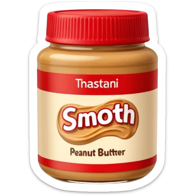 transparent jar of smooth peanut butter with golden-brown creamy swirl, simple brown or red lid, minimal or no label, rich thick appetizing texture, soft lighting, subtle shadows, emoji scale sticker