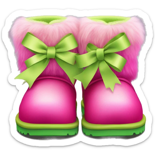 Realistic pair of hot pink to lime green ombre fur Ugg boots with silk ribbon bows. sticker