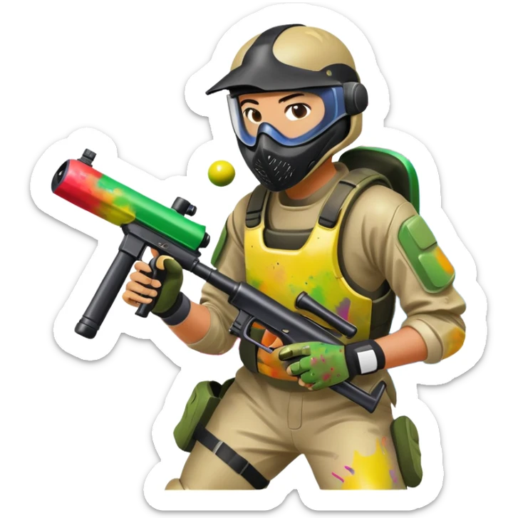 A dynamic scene of a player in action, holding a paintball gun and wearing protective gear. The background shows a vibrant paintball field with obstacles, colorful splatters of paint in the air, and an intense, competitive atmosphere. sticker
