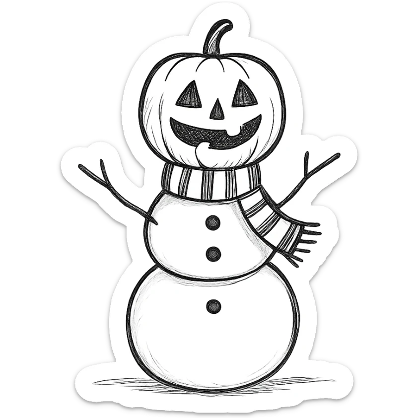 Change the snowman's head to a hollowed-out pumpkin while keeping the body like a classic snowman. Render in a hand-drawn sketch style. Keep the background as is. sticker