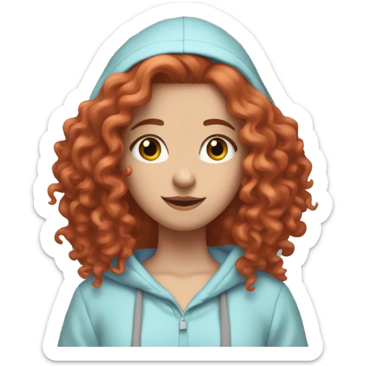 white girl with long red curly hair, wearing a pastel periwinkle hoodie doing a pose sticker
