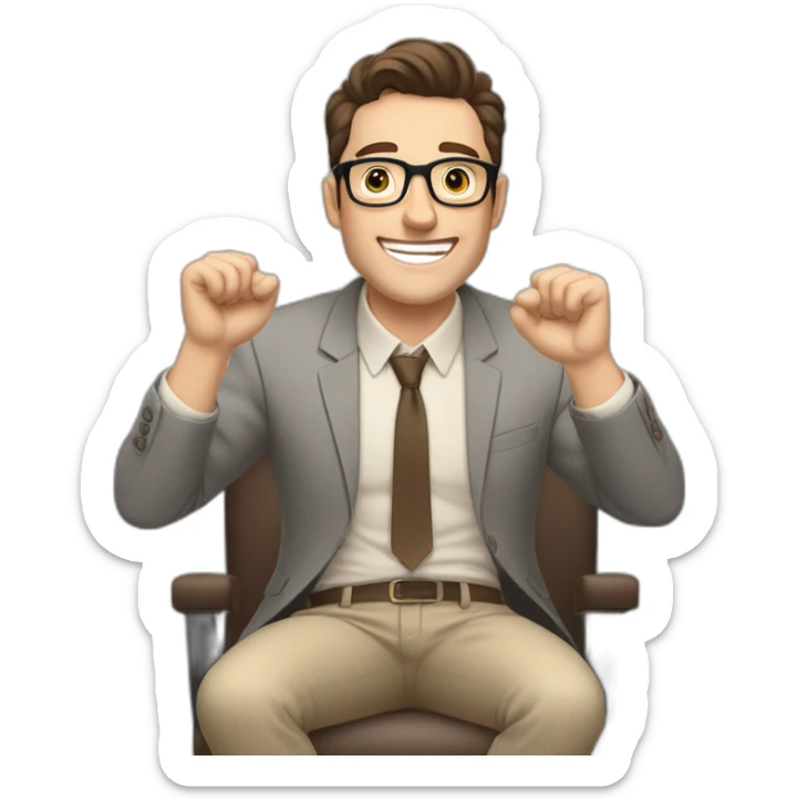 Joyful Celebrating victory Hands up Pale skinned Fit Man With dark brown hair in gray jacket, beige office shirt, Brown pants and vintage glasses sitting In a soft chair sticker