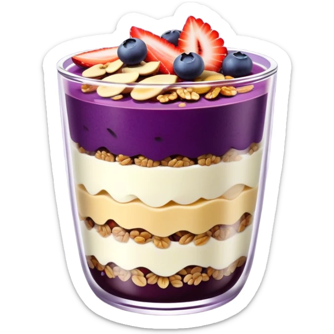 Açaí in a clear cup with layers of fruits and granola and condensed milk sticker