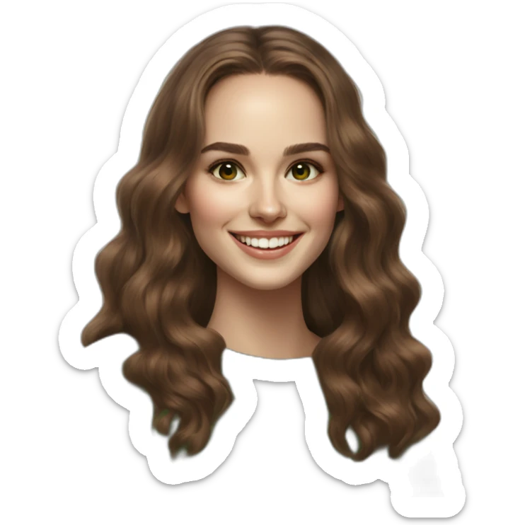 beautiful girl, white, with long loose wavy hair, brown hair, brown green eyes, looks like natalie portman, smiles at the camera, good teeth, white sweater, realistic drawing sticker