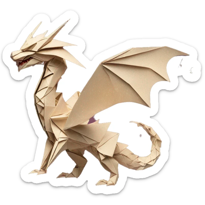 Sparkling patterned Beige Origami dragon with made of newspapers on fire intricate patterns surrounded by fairy lights nebula galaxy stars swirls iridescent covered in dried flowers sticker