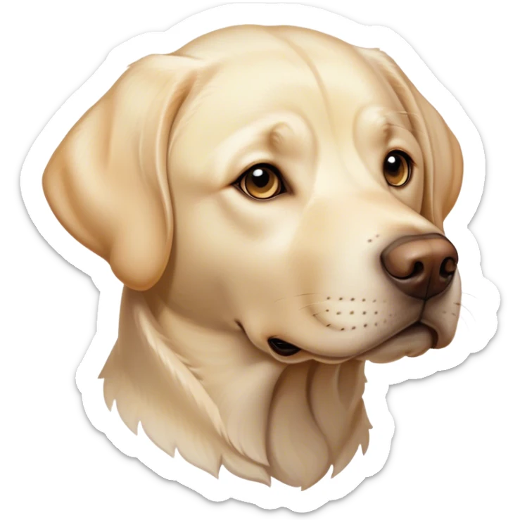 Cinematic Noble Cream Labrador Portrait Emoji, Poised and regal, with a strong, athletic build and a smooth, well-groomed cream Fur, deep-set soulful warm eyes, Simplified yet sharp and sophisticated features, highly detailed, glowing with a soft, dignified glow, high shine, intelligent and gentle, stylized with an air of grace, focused and attentive, soft glowing outline, capturing the essence of a watchful and loving companion, so majestic it feels as though it could bound out of the screen with effortless authority! sticker