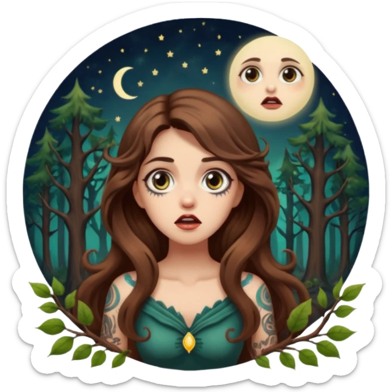 shocked forest mystic woman long wavy brown hair tattoos wide eyes moon glow sticker