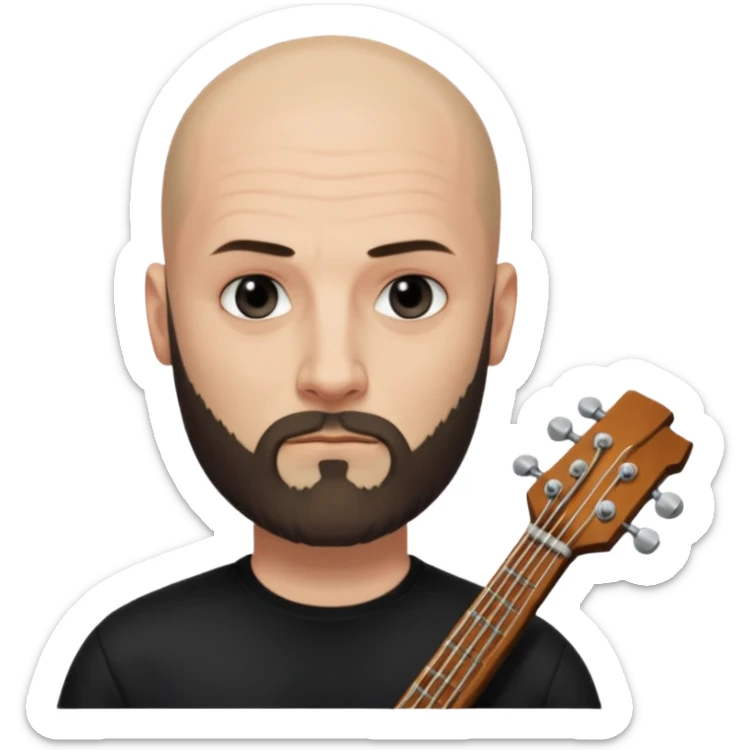 Oliver Riedel, bassist of Rammstein, bald, full beard, calm expression, black shirt sticker