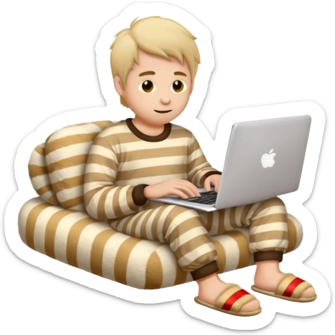man in striped pajamas and fuzzy slippers typing on a laptop, emoji style sticker