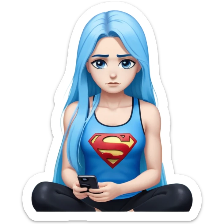 Shameful disappointed crying-very very very very big chest-texting on a samsung cell phone-very long straight flowing black to sky blue hair ombre-blue eyes-black eyeliner-long eyelashes-plastic sparkling sky blue very low cut tank top with sparkling superman logo-black leggings-nike sneakers sticker