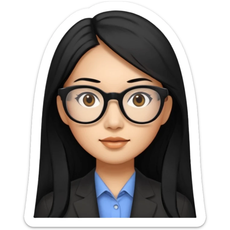 30 yr old asian woman, straight thick long black hair, big black glasses, side part sticker