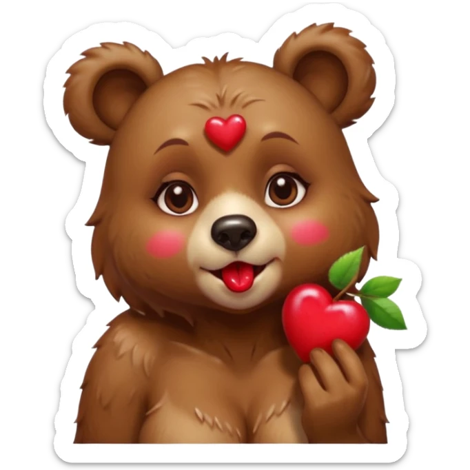 A female bear, with cherries on ears, blowing a kiss with her lips, releasing a heart sticker