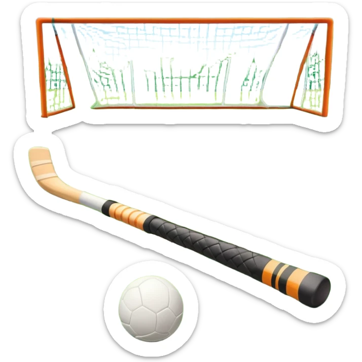 A field hockey stick and ball resting on a well-maintained green grass field, with the goalposts and markings visible in the background. The scene highlights the precision and focus of the grass facture, with the vibrant green pitch creating a dynamic atmosphere. sticker
