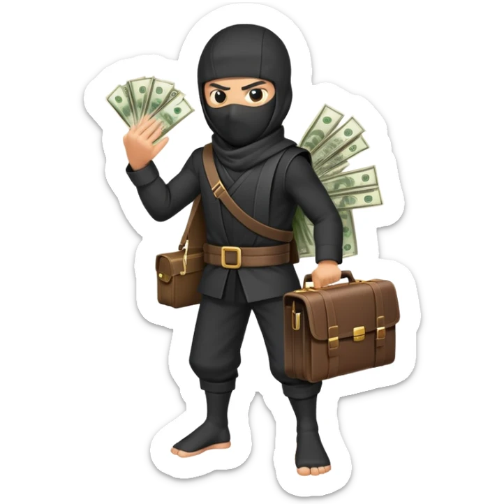Ninja with briefcase full of money, cash sticking out, stealthy pose sticker