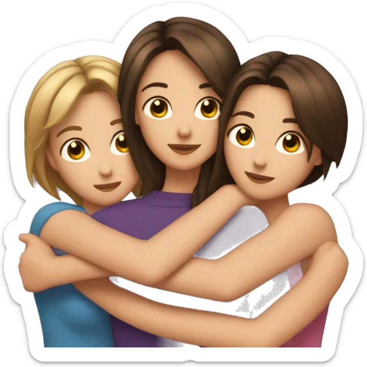 Three brunette best friends hugging one with short hair two with long hair girs sticker