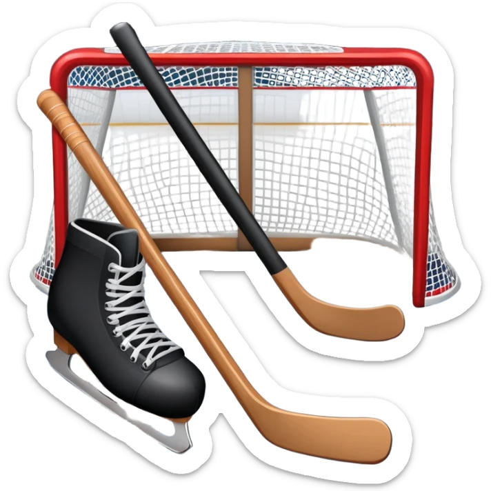An icon showing a close-up of a hockey stick, puck, skates, and hockey net placed on the ice. The background features a packed stadium with bright lights, cheering fans, and snowy scenery outside. Transparent background highlights the key elements of the game. sticker