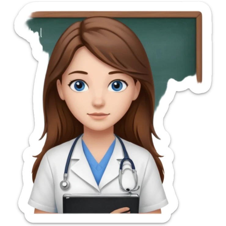 university classroom that says Mental Health Nursing on the blackboard with a pretty female nursing student with long brown hair, blue eyes sticker