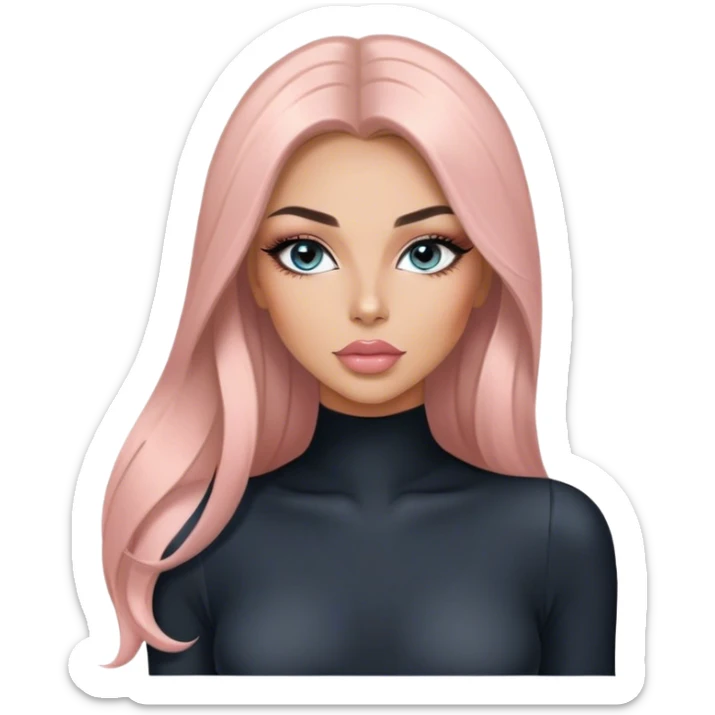 Glamours, tanned, very beautiful girl, with big pump peach-beige-rose lips, long long lashes, black straight smooth silky long hair, straight parting hair, blue-grey eyes in black long-sleeves bodysuit sticker