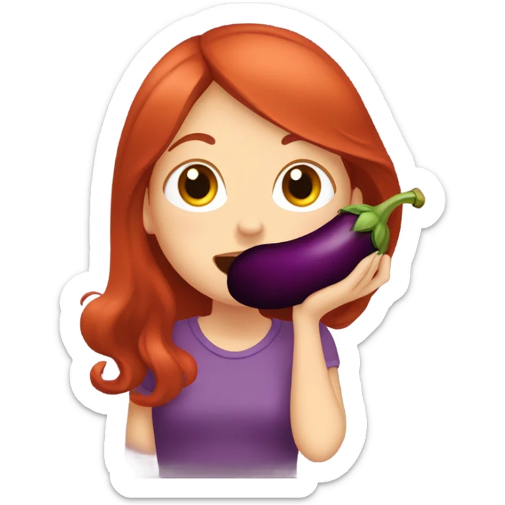 Red haired girl holding eggplant near mouth pretending to bite it sticker