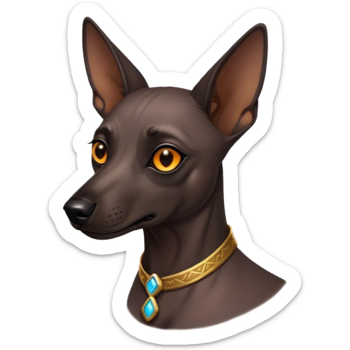 Cinematic Noble Xoloitzcuintle dog Portrait Emoji, Poised and regal, with a sleek, muscular build and smooth, hairless ebony skin accented by subtle wrinkles, deep-set soulful dark eyes, Simplified yet sharp and sophisticated features, highly detailed, glowing with a soft, dignified glow, high shine, intelligent and loyal, stylized with an air of ancient grace, focused and attentive, soft glowing outline, capturing the essence of a watchful and confident guardian, so majestic it feels as though it could stride out of the screen with effortless authority! sticker