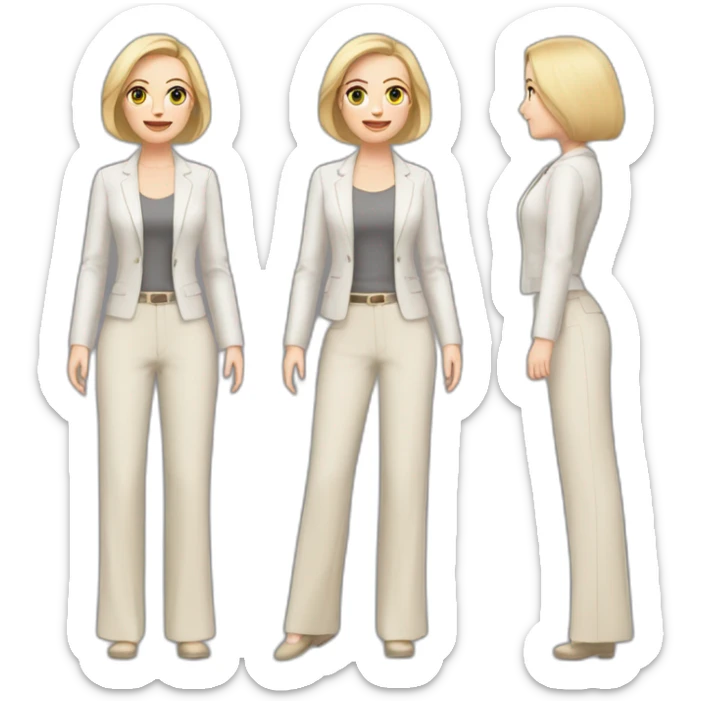 Full height Actively gesturing with hands pale skin woman with ash blonde Straightened bob Hair, White Spacious classical jacket, beige palazzo Arrow pants and gray blouse sticker