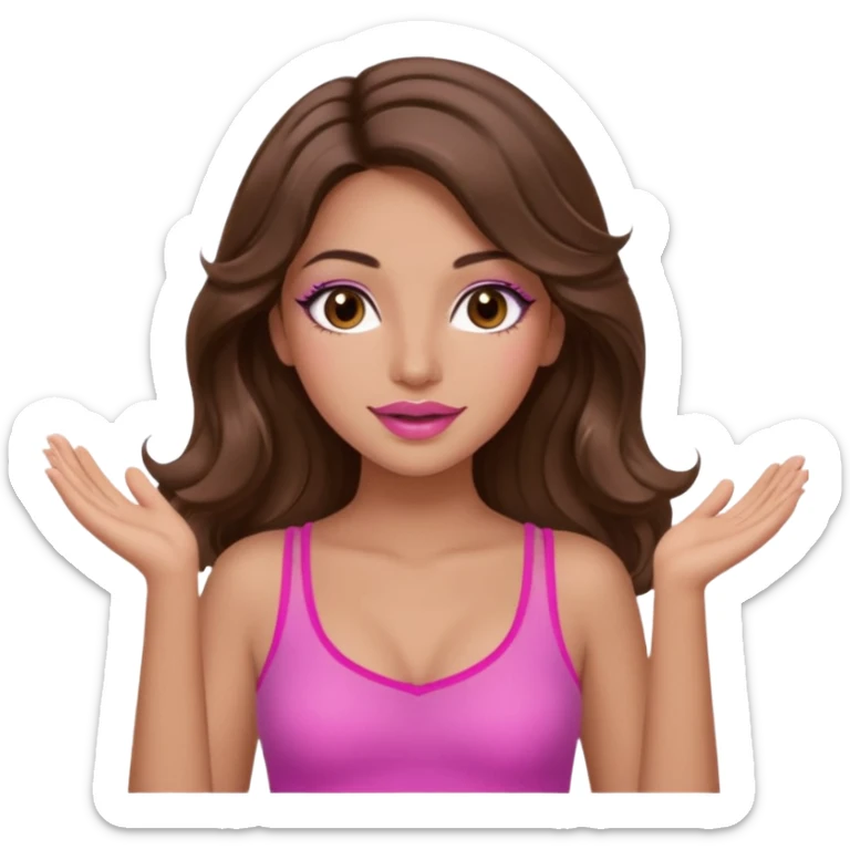 girl with long wavy brown hair, brown eyes, long lashes makeup, sexy pink lips, light to medium complexion, wearing a pink sexy top, both hands in teh air sticker