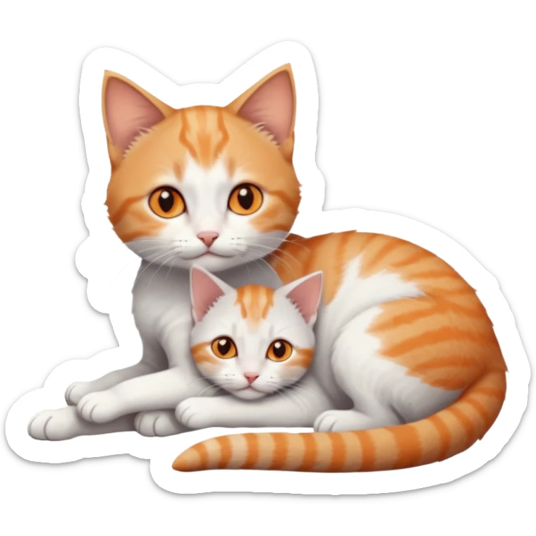 full body of very small + skinny ginger and white kitten with deep orange eyes and triangular shaped face lying down cuddling a grey and white kitten who is a bit bigger than him sticker