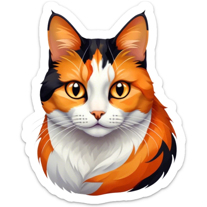 Cinematic Noble Calico Cat Portrait Emoji, Poised and regal, with a striking patchwork fur in vibrant orange, black, and white hues, delicate whiskers and a refined, focused gaze, simplified yet exquisitely detailed, glowing with a soft, moonlit radiance and an air of aristocratic elegance, high shine, exuding dignified intelligence and poised authority, soft glowing outline, capturing the essence of a watchful and noble calico cat that appears ready to grace the screen with effortless majesty! sticker