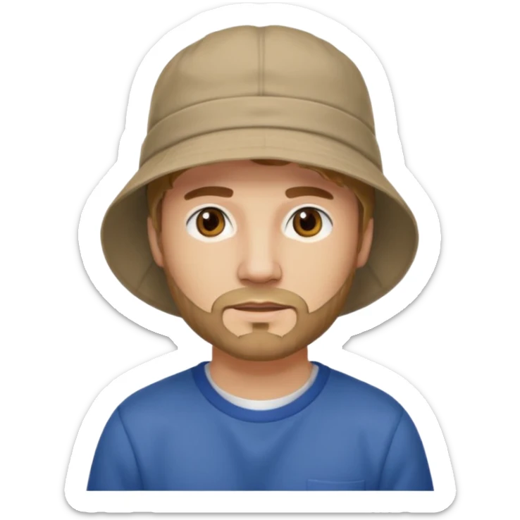 Romanian brown blond ish hair male, 30 yrs old, a little bit of facial hair, bucket hat on the head sticker