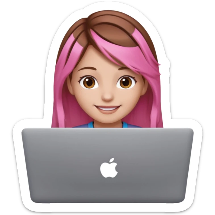 Make an apple emoji of a girl with brown hair that has pink strands of hair with her face behind a laptop screen facing her. sticker
