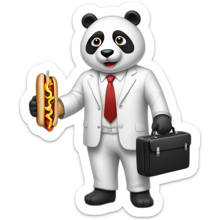 A professor with white suit and red tie and a panda face eating a hotdog and holding a black suitcase sticker