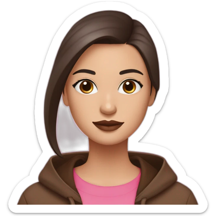 White women with long dark brown hair and long eyelashes dark brown eyes and pink cheeks with pink lips and thick dark brown eyebrows wearing a brown hoody sticker