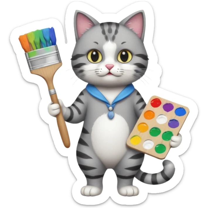 A full body cat holding brushes and a colour pallete because he is an artist sticker