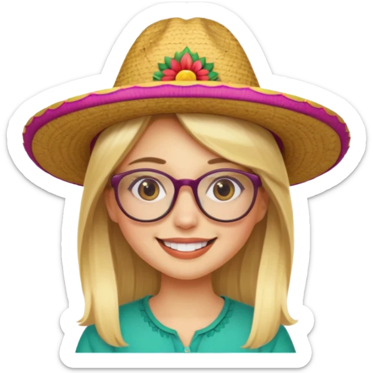 blonde girl with straight hair and glasses with a Mexican hat  sticker