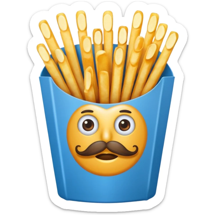 long slim crispy fries in a blue carton, carton has eyes and mustache sticker