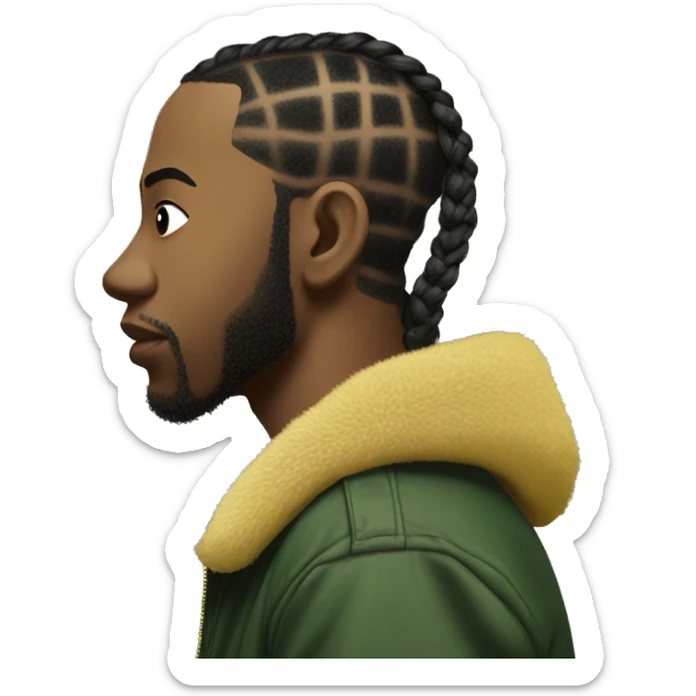 Side profile of a hip hop artist with braids. His arm is pointing down. He's wearing a puffy dark green jacket. The jacket has a furry yellow collar.  sticker