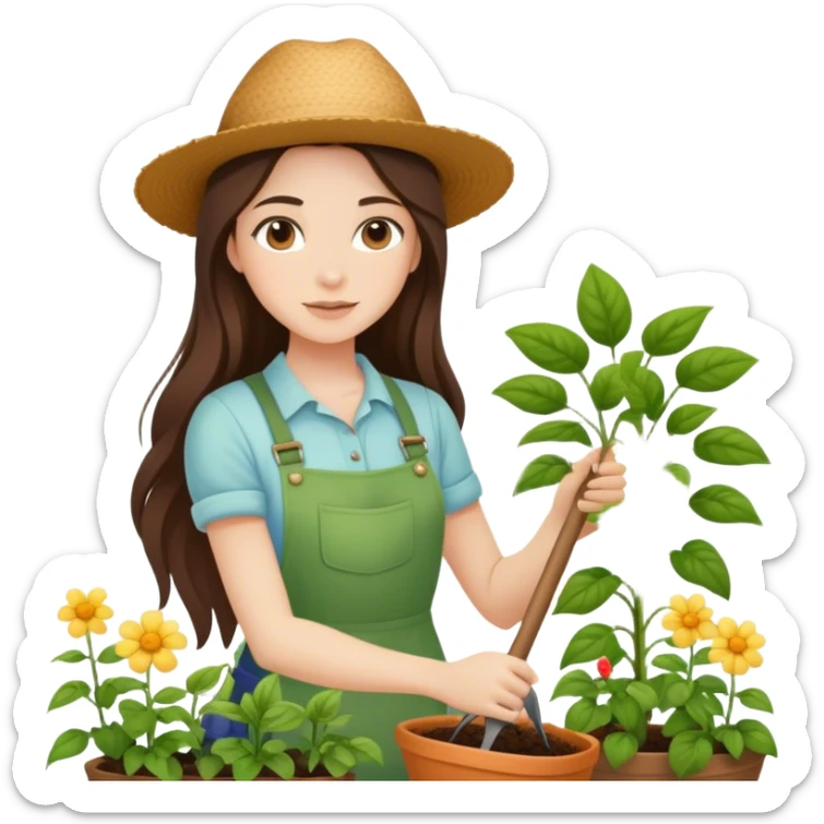 beautiful pale brunette girl with long hair gardening sticker