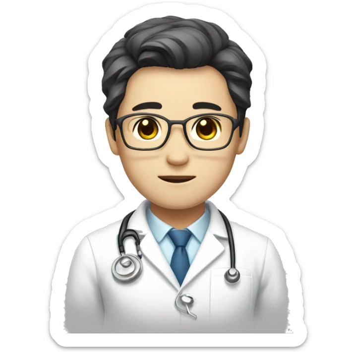 A male doctor in a white coat with a middle part haircut, as korean idol sticker