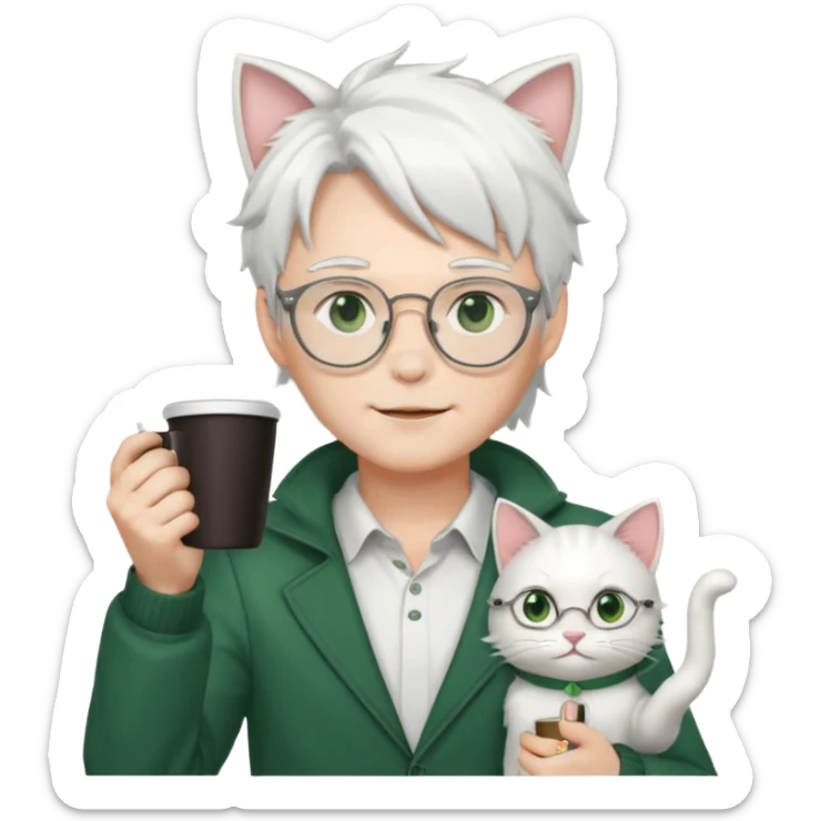An anime guy with white hair, white cat ears, green eyes, and glasses, holding a coffee cup in his hand and waving sticker