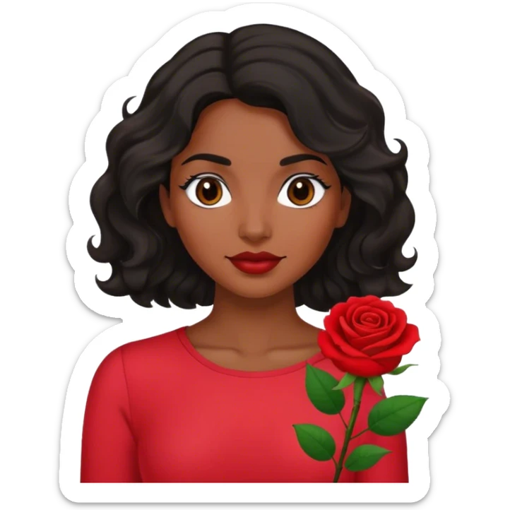  brown eyed women with black wavy hair rose background red top sticker