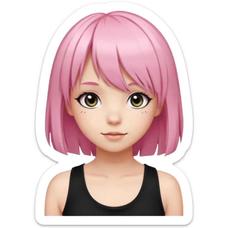 A girl with light pink hair with big black pupils and long manga style lashes and bangs wearing a black tank sticker