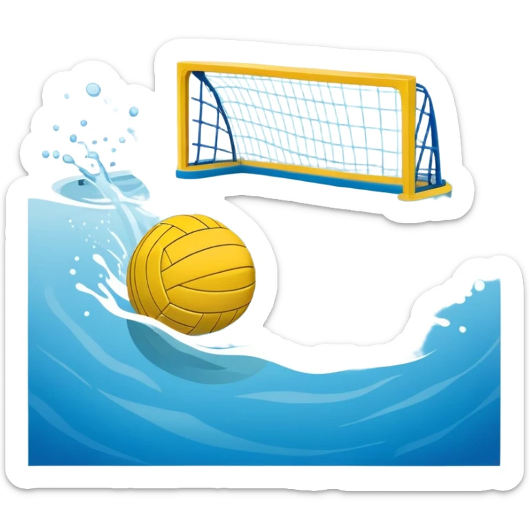 An icon featuring a yellow water polo ball floating on the water with goals in the background, inside a swimming pool. The design includes splashes and ripples, symbolizing the fast-paced action and strategy of water polo. Transparent background highlights. sticker